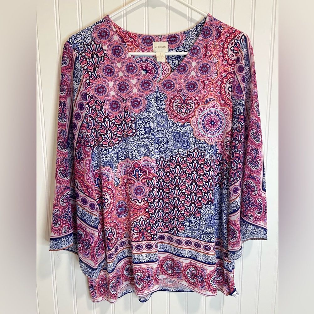 Chico's Vibrant Paisley Blouse - Pink and Blue long slevee  bohemian beach .